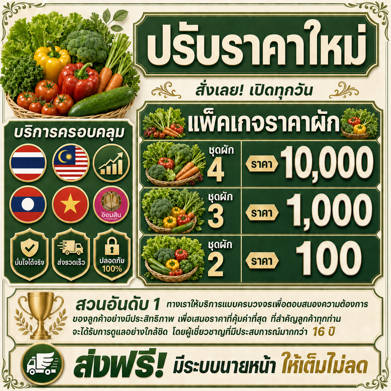 แบนเนอร์ประชาสัมพันธ์ชุดผักและตัวอย่างตัวเลขราคา