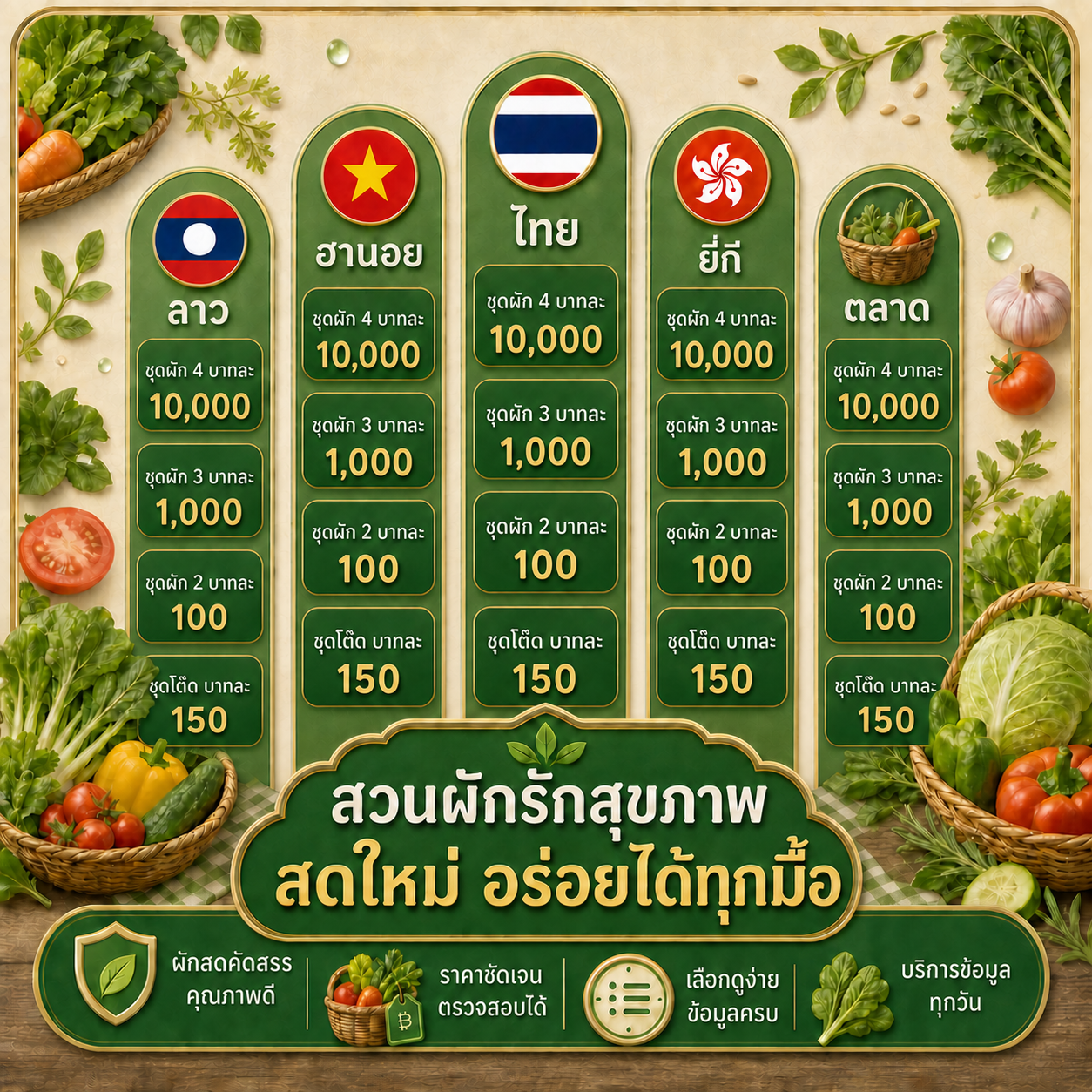 แบนเนอร์สวนผักรักสุขภาพและตัวอย่างข้อมูลชุดผัก